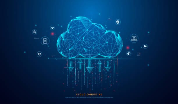 cloud computing icon on low polygonal style for technology cloud computing for data transmission, database, data storage, and backup. networking and internet service concept. - 網(wǎng)絡(luò)平臺 幅插畫檔、美工圖案、卡通及圖標