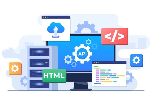 application programming interface concept, api provides the interface for communication between applications, software development tool, internet and networking, simplifying application integration - 系統(tǒng)軟件 幅插畫檔、美工圖案、卡通及圖標(biāo)