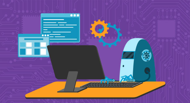automated work of software, business project development, robot using keyboard at table - 系統(tǒng)軟件開發(fā) 幅插畫檔、美工圖案、卡通及圖標